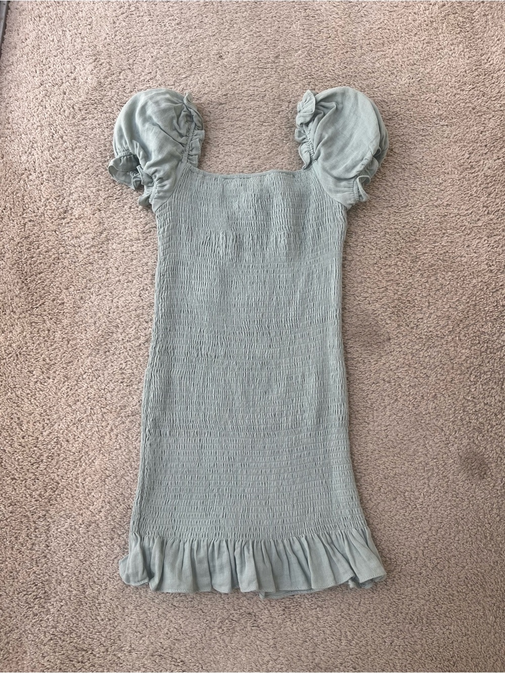 Smocked Puff-Sleeve Dress in Sage Green